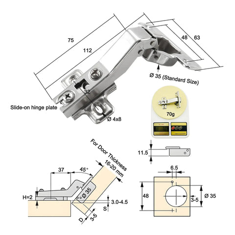 Badass 45 Degree Corner Cabinet Hinge Pack Of 8 With 35 Millimeter Mount Fits 16 To 20 Millimeter Panels detailed view with dimensions and features.