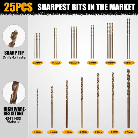 Precision Pin Vise Hand Drill Set 25 Pcs For Jewelry Making And Miniatures, showing HSS micro twist bits in various sizes