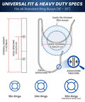 Diagram of Rock-Solid 304 Stainless Steel Life Buoy Holder Mount showing dimensions for 18 to 30 inch rings.