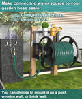 Outdoor Wall Mounted Hose Reel With Hook And Leader Hose, Heavy Duty Metal Water Organizer For Garden, Stores 125 Feet Of Five Eighths Inch Hose, Brass Fittings And Storage Basket, Black shown mounted on wooden wall with green hose and metal fittings.