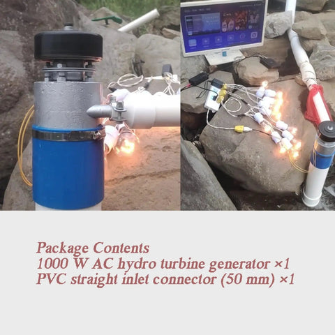 Beefy 1000W 220V AC Hydro Turbine Generator installed outdoors with PVC inlet connector, lighting setup on rocks