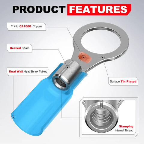 Marine Heat Shrink Ring Terminal Kit For 16-14 AWG Wires, features labeled on blue connector, dual-wall tubing, tin-plated.