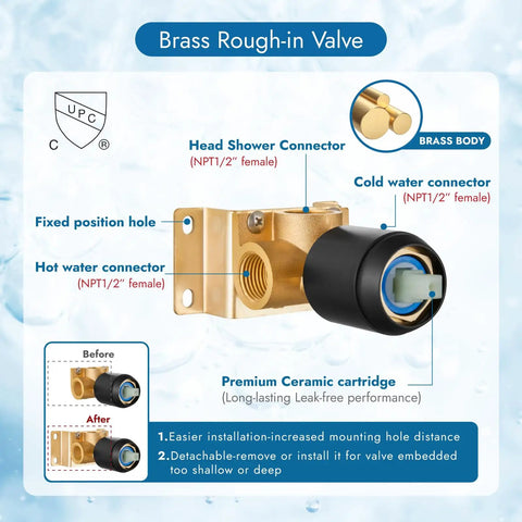 Brass rough-in valve with fixed position, hot and cold connectors for Shower Faucet Set with Rainfall Head and No Fuss Handle