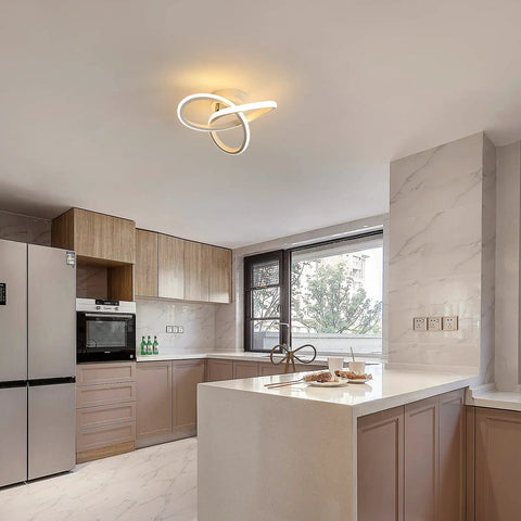 Spiral LED Ceiling Light Fixture, Modern Semi Flush Mount 22W Warm White 3000K in a contemporary kitchen setting.
