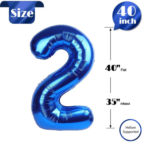 Deep Navy Blue Number 2 Balloon, 40 Inch Giant Digit Balloon For Birthday Backdrop, displayed with size measurements