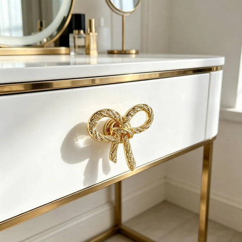 Thick Brass Bow Shape Cabinet Knobs Gold Finish For Cabinets And Drawers 2 Piece Set Includes 0.98, 1.37, And 1.57 Inch Screws Fits Thick Panels Easy Replacement For Your Furniture Upgrade