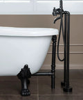 Slick Freestanding Clawfoot Tub Bundle Featuring Top Shelf Oil Rubbed Bronze Faucet And Drain Assembly All In One Premium Bathroom Soaking Package For Effortless Setup side view showing white tub and black faucet.