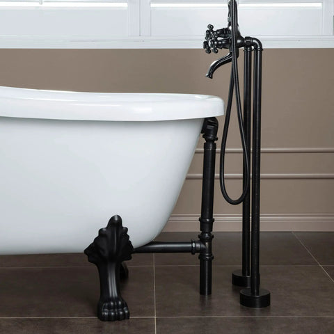 Slick Freestanding Clawfoot Tub Bundle Featuring Top Shelf Oil Rubbed Bronze Faucet And Drain Assembly All In One Premium Bathroom Soaking Package For Effortless Setup side view showing white tub and black faucet.