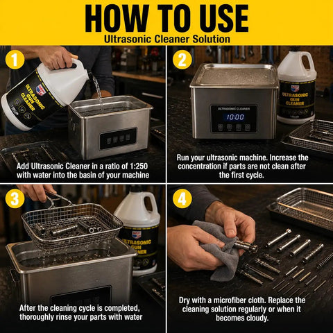 How to use Ultrasonic Gun Cleaner Concentrate 128 Oz Makes Up To 200 Gallons No Nonsense Deep Clean For Pistols Rifles Brass And All Firearm Components With Easy Mixing And Boss Level Ultrasonic Action on ultrasonic tank