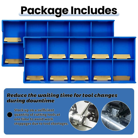Package of 20Pcs MGMN200 G 2mm Grooving Cutoff Carbide Inserts for CNC Turning and Milling displayed in blue trays