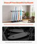 Keep Your Sick Gear Organized With This Heavy Duty Surfboard Wall Mount Vertical Paddle Board Rack Featuring Hella Secure Rubber Padding For Effortless Garage Storage And Zero Clutter Vibes, showcasing multiple surfboards displayed on a wall-mounted rack.