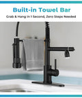RNDIOZD LED Kitchen Faucet with Pull Down Sprayer, 2-Spout, Matte Black featuring a built-in towel bar and a pull down sprayer.