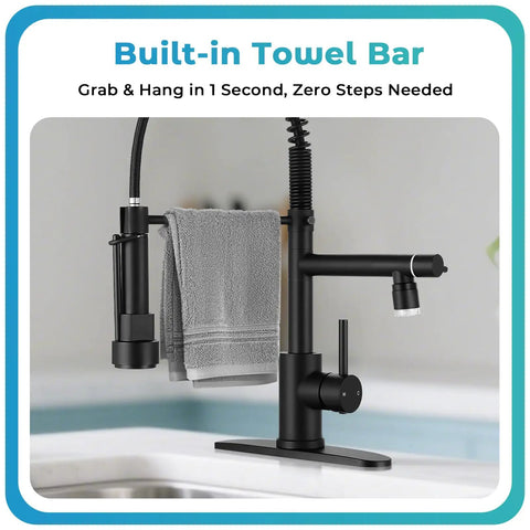 RNDIOZD LED Kitchen Faucet with Pull Down Sprayer, 2-Spout, Matte Black featuring a built-in towel bar and a pull down sprayer.