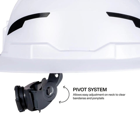 Close-up of Type 2 Non Vented Full Brim Hard Hat With Chin Strap Class E Protection Up To 20kV, showing pivot system.