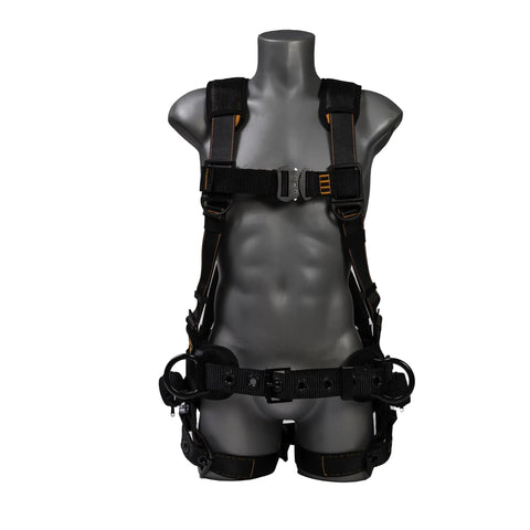 Lite Full Body Harness With Aluminum Hardware, OSHA And ANSI Compliant, Size M-L, breathable pads, black webbing, orange stitching.