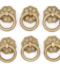 Set Of 6 Vintage Antique Brass Ring Pulls For Cabinets With Hollowed Dome Base And Flower Like Design Pure Solid Brass Cabinet Hardware Durable Anti Rust Finish Ring Size 1.2 Inches Outer Diameter 30 mm