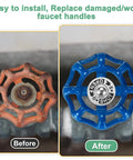 Before and after of Tough As Nails Blue Cast Iron Outside Faucet Handle For 7X7MM Square Stem Spigot Tap, showcasing replacement process.