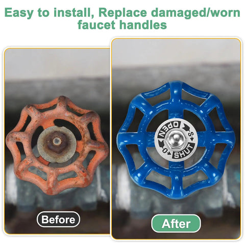 Before and after of Tough As Nails Blue Cast Iron Outside Faucet Handle For 7X7MM Square Stem Spigot Tap, showcasing replacement process.