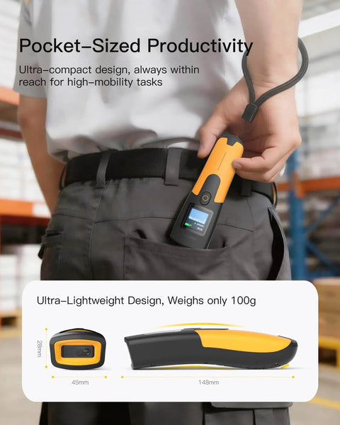 Person placing 2D Wireless Barcode Scanner with 1.4 inch TFT screen in pocket, showcasing its portable design and lightweight features.