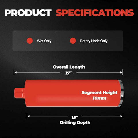 Heavy Duty 2.5 Inch Diamond Core Drill Bit For Concrete And Masonry Wet Only with 15 Inch Drilling Depth shown with specs