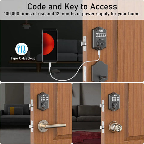Image of One Touch Fingerprint Keyless Entry Door Lock With Keypad Code And Back Up Key Smart Deadbolt For Home Security, showing keypad and USB charging option.