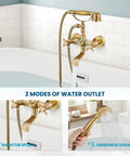 Wall Mount Clawfoot Bathtub Faucet With Handheld Spray And 360 Degree Swivel Spout Vintage Antique Brass Finish Double Cross Handles Tub Shower Set With Adapter 1.25 GPM featuring two water outlets, bathtub spout, and handheld shower shown in bathroom setup.