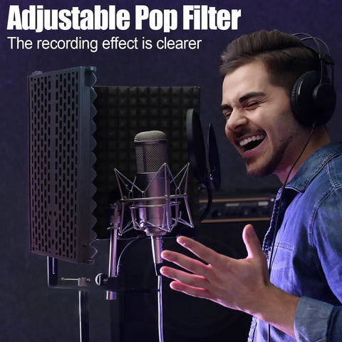 Pro Grade Microphone Isolation Shield With Beefy Tripod Stand And Pop Filter For Crisp Vocals That Banish Reverb and Straight Up Transform Your Recording Space with adjustable pop filter.