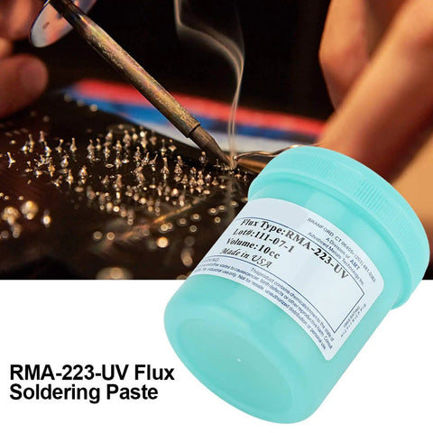 RMA-223-UV Solder Flux Paste For CSP BGA PCBs, 100g jar beside electronics soldering close-up with flux application.