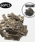 Sixty Piece Bronze Mini Cabinet Hinges With 240 Mounting Screws One Inch Iron Corner Fitting For Drawers And Jewelry Boxes, 60 pcs hinges.