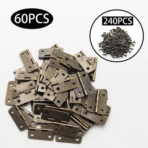 Sixty Piece Bronze Mini Cabinet Hinges With 240 Mounting Screws One Inch Iron Corner Fitting For Drawers And Jewelry Boxes, 60 pcs hinges.