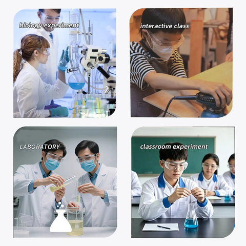 Boss Level Anti Fog Safety Glasses 10 Pack Impact Resistant Over Frames Protective Eyewear worn in various science experiments and labs.