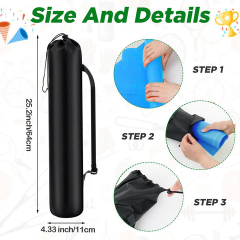 Carrying bag for 5 Piece Baseball And Softball Base Set, includes steps for storing bases, with height and width measurements