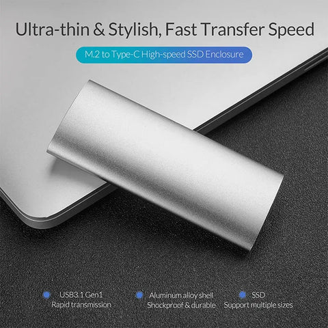 Slick Aluminum M.2 To Type C Enclosure For B Key Ssd Up To 2tb Fast Usb 3.1 Docking Station on dark surface.