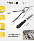Stainless Steel Handheld Oyster Shucking Kit With Pro Grade Shucker Two Oyster Shucking Knives And Cut Resistant Gloves For Safe Fast And Effortless Oyster Prep At Home showing product size dimensions with storage illustration