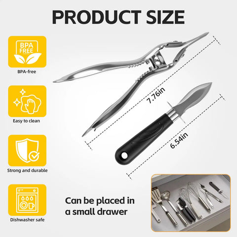 Stainless Steel Handheld Oyster Shucking Kit With Pro Grade Shucker Two Oyster Shucking Knives And Cut Resistant Gloves For Safe Fast And Effortless Oyster Prep At Home showing product size dimensions with storage illustration