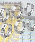 Heavy Duty 50 Piece 3/8 Inch PEX Cinch Clamps Set In 304 Stainless Steel with background of yellow PEX tubing installation