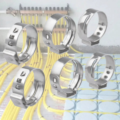 Heavy Duty 50 Piece 3/8 Inch PEX Cinch Clamps Set In 304 Stainless Steel with background of yellow PEX tubing installation