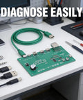 3 In 1 Cable Tester Module With Type C, Mini USB, And Micro USB Ports, PCB Material on desk, diagnosis tools visible