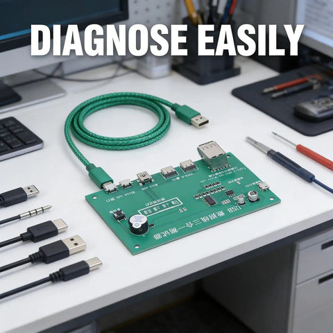 3 In 1 Cable Tester Module With Type C, Mini USB, And Micro USB Ports, PCB Material on desk, diagnosis tools visible