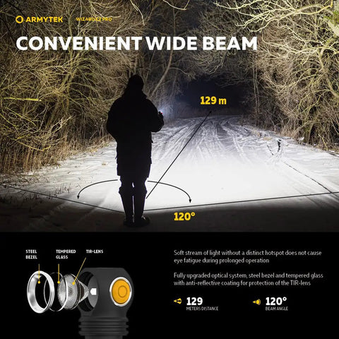 Wizard C2 Pro V4 Warm Light LED Headlamp Flashlight 2330 Lumens showcasing wide beam and distance at 129 meters.