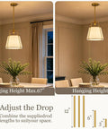 Karjearl Gold Pendant Lights Kitchen Island, 12.2" Linen Drum Chandelier shown at different hanging heights in a dining setting.