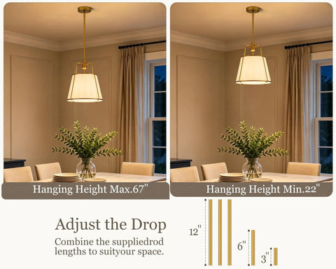 Karjearl Gold Pendant Lights Kitchen Island, 12.2" Linen Drum Chandelier shown at different hanging heights in a dining setting.