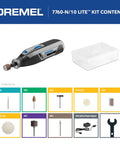 Front view of Dremel Lite 7760-N/10 cordless rotary tool with storage case and assorted kit accessories