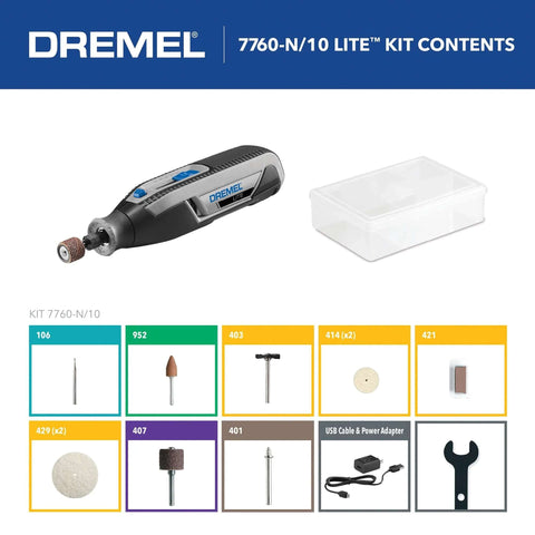 Front view of Dremel Lite 7760-N/10 cordless rotary tool with storage case and assorted kit accessories