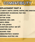 Compatibility chart listing replacement part numbers for HVAC components on a blurred background