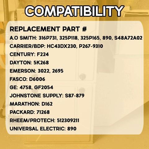 Compatibility chart listing replacement part numbers for HVAC components on a blurred background