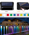 Solar Fence Lights 6 Pack With 8 Modes Warm White Cool White RGB, showcasing size and color range on a modern fence.