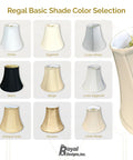 Color selection for Regal Basic Lamp Shades, featuring options like beige, eggshell, and linen white with soft grey lining.