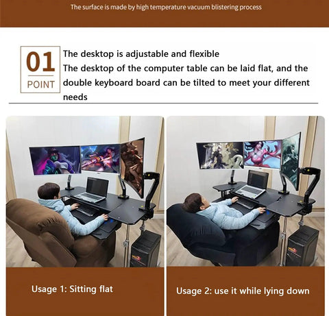 Sleek Gaming Cockpit Desk Featuring Clutch Adjustable Lift Bracket And Rollable Wheels For A Clean Computer Setup in two usage positions.