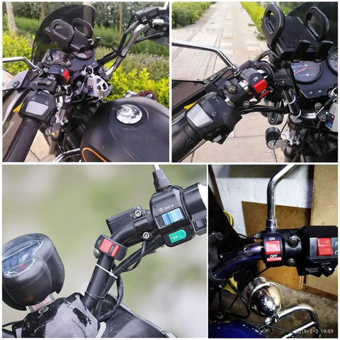 Collage of Universal 12V DC Motorcycle Handlebar Push Button On Off Switch With 18 Inch Wire 10A installed on various motorcycles